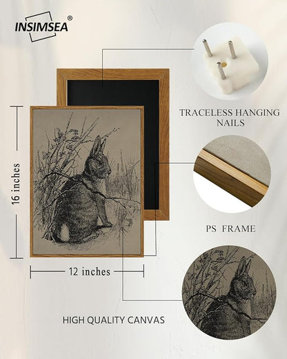 InSimSea Framed Canvas Prints Art, Easter Bunny Decor, French Country Farmhouse Decoration for Bedroom Living Room, Vintage Rabbit Pictures Cottage Decor, 12x16inch