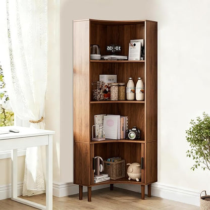 Lxsxlome Fluted Corner Cabinet, 66.928" Tall Corner Floor Cabinet with Sliding Doors and Shelves, Modern Wooden Freestanding Narrow Storage Organizer for Kitchen,Living Room (Walnut, 66.92" H)
