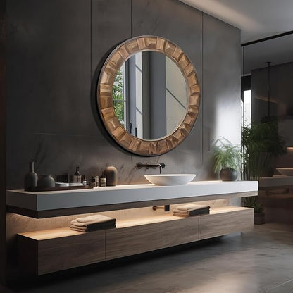 30 Inch Dark Solid Wood Round Wall Mirror, Brown Wooden Decorative Circle Mirror for Bathroom, Bedroom, Living Room, Entryway, Hallway, or Foyer
