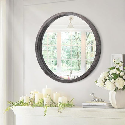 JJUUYOU Large Circle Wall Mirror 20 Inch Round Wall Mirror for Bathroom, Gray Rustic Circular Mirror Washroom Wall Vintage Wood Frame Mirror for Living Room, Bedroom, Dorm Decorative