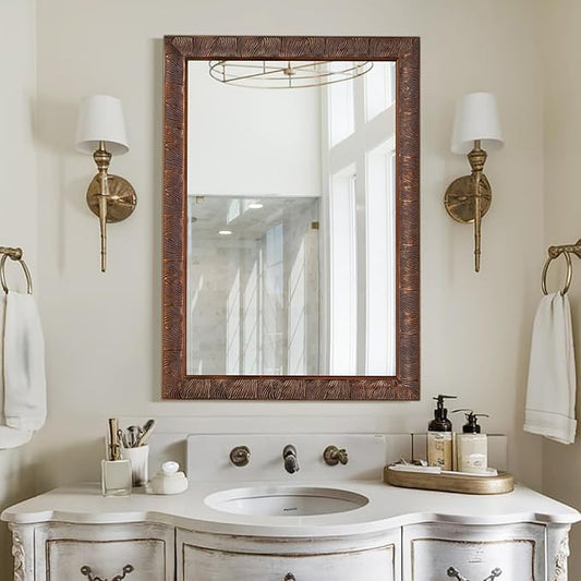 Chende Rectangle Bathroom Mirror for Vanity, 37'' x 25'' Vintage Mirror Wall Decorative, Bronze Solid Wood Frame with Handmade Feather Lines for Entryway, Dining Room, Living Room