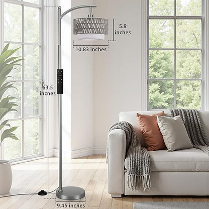 Ambimall Arc Floor Lamp for Living Room with Remote, Color Temperature & Brightness Adjustable, Boho Standing Lamp with Rattan & Fabric Double Drum Shades, Bulb Included(Deep Gray)