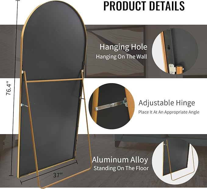 Beauty4U 76" x 37" Arched Full Length Mirror with Stand, Large Floor Mirror for Bedroom & Living Room, HD Tempered Glass Wall Mounted or Leaning Dressing Mirror, Gold Metal Frame