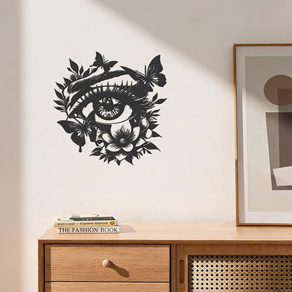 JEWLOVE Eye with Butterfly & Flowers 3D Metal Wall Art - Black Metal Butterfly Wall Decor, Rustic Nature Themed Wall Sculpture for Living Room, Bedroom, 12.4" x 12.4"