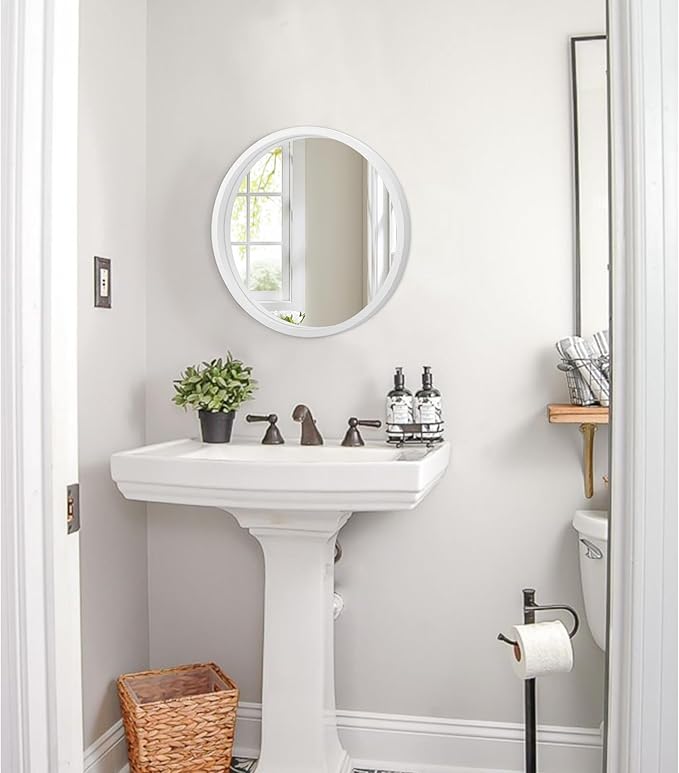 JJUUYOU Round White Wall Mirror Small Circular Mirror for Bathroom Vanity Mirror Wall Circle for Wall Wood Frame Make up Mirror for Entryway Living Room, Bedroom, Dorm Decorative