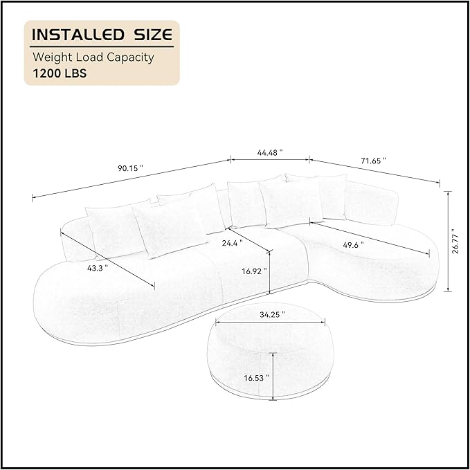 WILLIAMSPACE 134.63" Oversize Curved Sofa Cloud Couch with Round Chaise & Ottoman, Modern Upholstered Curved Sectional Sofa Couch with 6 Pillows for Living Room, No Assembly (Right-Facing,Cream White)