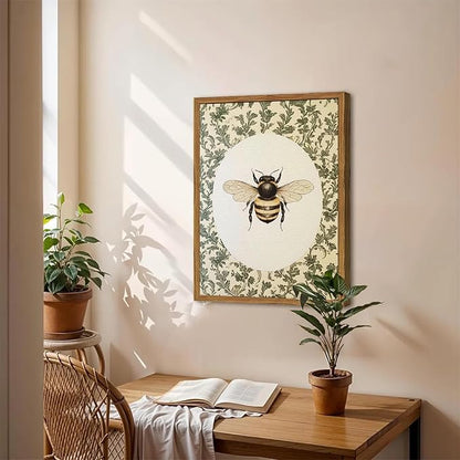 Framed Vintage Bee Wall Art, Rustic Insect Pictures Wall Decor, 3D Textured Sandstone Green Botanical Paintings Prints Cottagecore Home Decor for Living Room Bedroom Office 16x24 inch