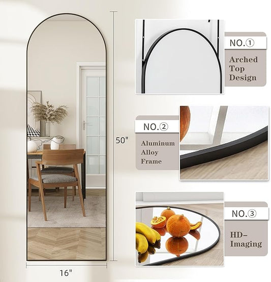 Dewfig Door Mirror with Stand, Arched Full Length Mirrors Over The Door, 16"x 50" Hanging or Wall Mirror, Full Body Mirrors for Bedroom,Living Room,Black