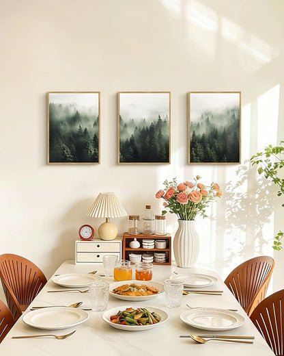 PHOPAGO Green Fog Pine Tree Framed Wall Art Nature Misty Nordic Forests Artwork Morden Paints for Kitchen Hallway Decor - 11x14in Natural Framed