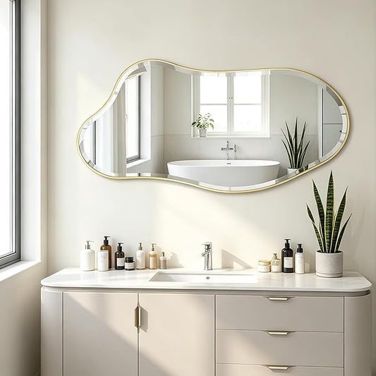 POZINO Irregular Beveled Mirror, 40"x20" Premium Asymmetrical Mirror with Gold Metal Frame, Modern Organic Shaped Mirrors for Living Room Bathroom Bedroom Hallway Entryway, Horizontal/Vertical Hanging