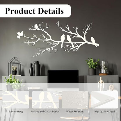 ESTART Metal Birds Wall Art, Metal Vivid Birds on Branch Silhouette Wall Decor White Leaves with Bird Outdoor Hanging Wall Sculpture for Home Living room Bedroom Balcony Garden (White, Small)