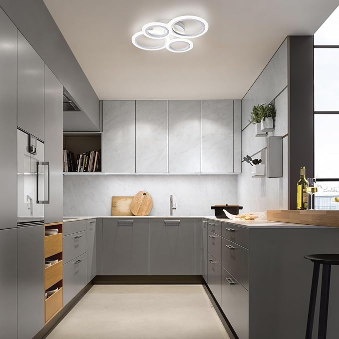 Modern LED Flush Mount Ceiling Light, 4 Rings White Close to Ceiling Light Fixtures, Kitchen Lighting Fixture Ceiling Lamp for Bedroom, Living Room, Laundry Room, 4000K Not Dimmable