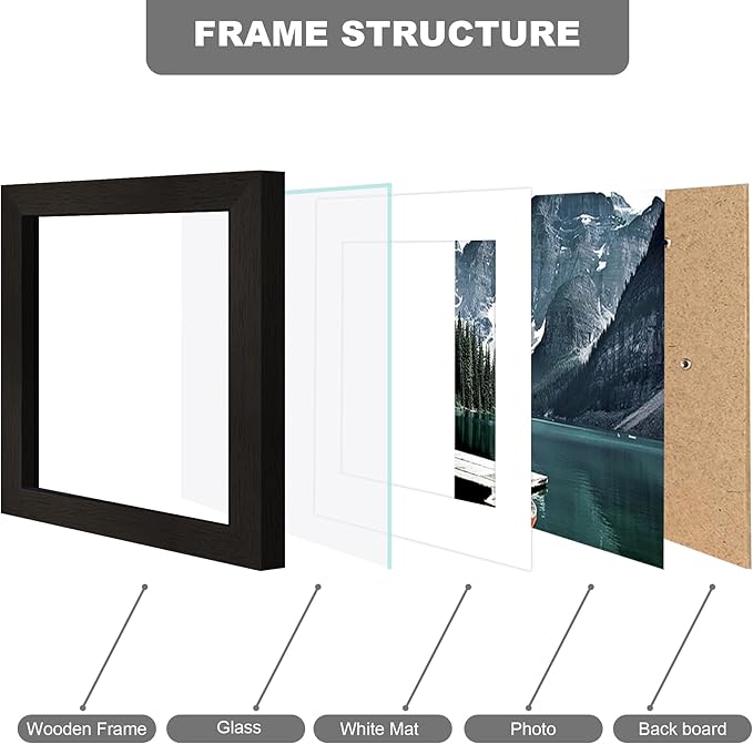 Hongkee 5x5 Picture Frame with Real Glass - Display Pictures 4x4 with Mat or 5 x 5 without Mat, Photo Frame for Wall or Table Top Display(Black, 3 Pack)