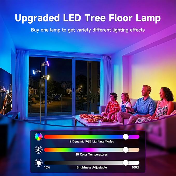 Upgraded RGB Tree Floor Lamp, 2500LM Super Bright Standing Lamp with 9 Dynamic Modes, 10 Color Temperatures, LED Floor Lamp with 3 Rotatable Lights, Modern Floor Lamps for Living Room Gaming Room