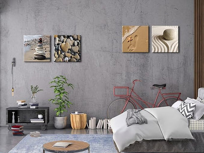 Wieco Art Canvas Prints Wall Art Romantic Beach Theme Zen Stone Pictures Paintings for Living Room Kitchen Home Decor Large Modern 4 Panels Stretched and Framed Seascape Sea Beach Artwork L