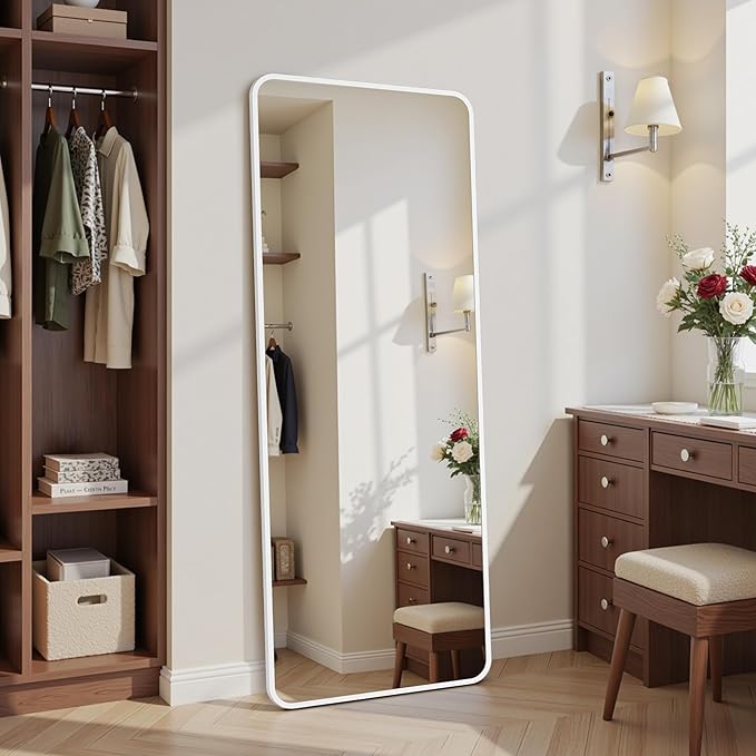 Suidia Full Length Mirror Over the Door&Wall Mounted, 48"x14" Door Mirror with Aluminum Alloy Frame, HD Shatterproof, No-Drill, Hanging Mirrors for Bedroom, Bathroom, Dorm, Closet, Rounded Rect, White