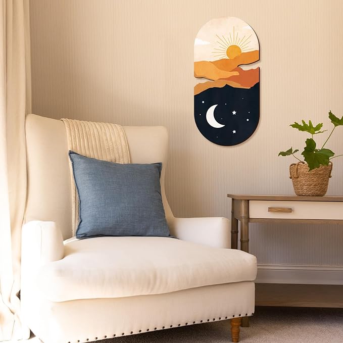 Kas Home Boho Sun and Moon Wall Art Wooden Sunrise Moon Landscapes Nature Wilderness Wall Decor Minimalist Sculpture Hanging Rustic Art Decor For Bedroom Living Room Office(Yellow, 8" x 16")