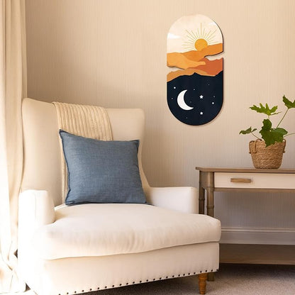 Kas Home Boho Sun and Moon Wall Art Wooden Sunrise Moon Landscapes Nature Wilderness Wall Decor Minimalist Sculpture Hanging Rustic Art Decor For Bedroom Living Room Office(Yellow, 8" x 16")