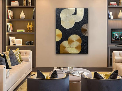 Slyart Black and Gold Texture Wall Art, Handmade 3D Arch Painting, 28"x40" Large Abstract Canvas Wall Art