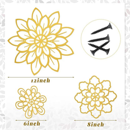 Moxweyeni 3 Pieces Metal Flowers Wall Decoration, Metal Rustic Wall Art Farmhouse Multiple Floral Hanging Decoration for Bathroom Living Room Kitchen Garden Office(Gold)
