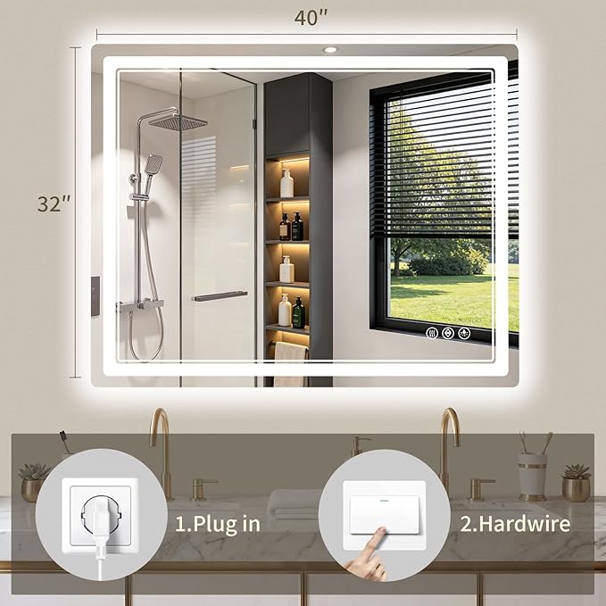 32"x40" LED Bathroom Mirror with Lights, Backlit + Front Lit, Anti-Fog, Lighted Bathroom Mirror for Wall, HD Shatterproof Tempered Glass, Dimmable, Memory Function (Horizontal/Vertical)