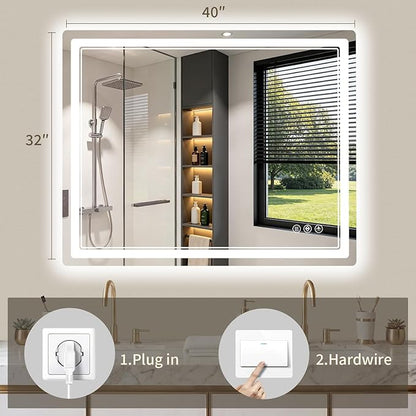32"x40" LED Bathroom Mirror with Lights, Backlit + Front Lit, Anti-Fog, Lighted Bathroom Mirror for Wall, HD Shatterproof Tempered Glass, Dimmable, Memory Function (Horizontal/Vertical)