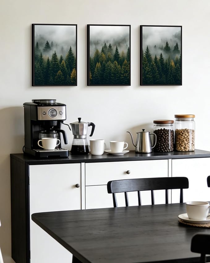 Drsoum Fog Pine Tree Landscape Wall Art Framed Nature Misty Nordic Forests Prints Morden Farmhouse Rustic Artwork Hallway Bathroom Ready to Hang 11x14in Black Framed