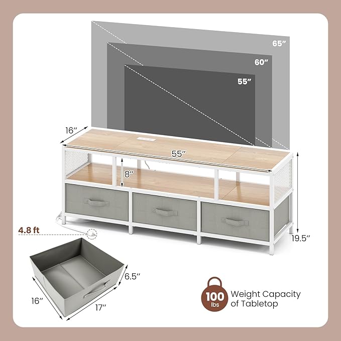 Tangkula Farmhouse TV Stand for TVs up to 65", 3-Tier Entertain Center with Power Outlets USB Charging, Media Console Table with Open Shelf & 3 Fabric Storage Drawers for Living Room (Natural)