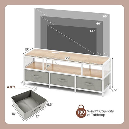 Tangkula Farmhouse TV Stand for TVs up to 65", 3-Tier Entertain Center with Power Outlets USB Charging, Media Console Table with Open Shelf & 3 Fabric Storage Drawers for Living Room (Natural)