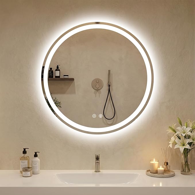 DUMOS 28 Inch Round LED Bathroom Mirror with Lights, Circle Vanity Mirror with Anti-Fog, Dimmable, 3-Color Light, Front Light and Backlit, Memory Function, Tempered Glass