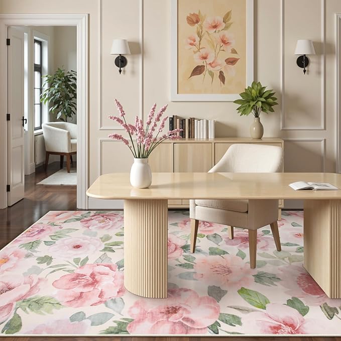 Lahome Floral Nursery Rug 5x7 Area Rugs,Soft Boho Pink Rugs for Bedroom Girls,Low Pile Large Living Room Rug, Home Decor Carpet for Dining Room Kids Playroom Farmhouse, Beige/Multi