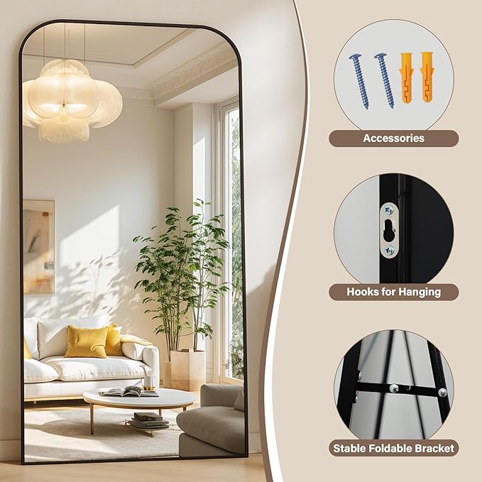 XRAMFY 40x86 Inch Floor Length Mirror with Stand, Full Length Standing Mirror for Bedroom, Full Body Tall Mirrors with Modern Aluminum Alloy Frame in Black, Home Decor