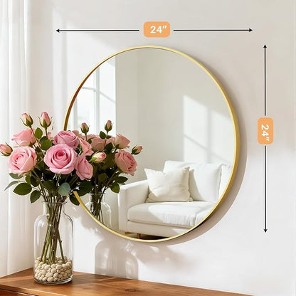 Bathroom Mirror for Wall, 24 Inch Round Mirror, Matte Gold Metal Framed Circle Vanity Mirror for Bathroom Bedroom Living Room Entryway, Anti-Rust, Tempered Glass, Hanging or Leaning