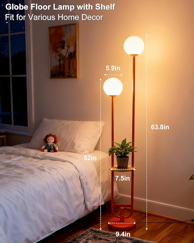 Lightdot 63IN Orange Floor Lamp 2 Globe Mid Century Standing Lamps with Bulbs Included Unique Vintage Dimmable Tall Floor Lamp with 5Lbs Heavy Base for Living Room/Wedding/Sofa Beside/Corner Decor