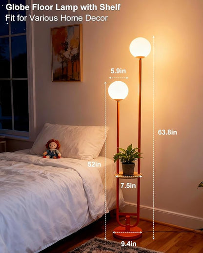 Lightdot 63IN Orange Floor Lamp 2 Globe Mid Century Standing Lamps with Bulbs Included Unique Vintage Dimmable Tall Floor Lamp with 5Lbs Heavy Base for Living Room/Wedding/Sofa Beside/Corner Decor