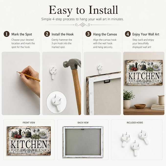 Vintage Kitchen Sign Canvas Wall Art Country Kitchen Painting Picture Decor Vegetable Food Poster Print Artwork for Restaurant Home Decoration