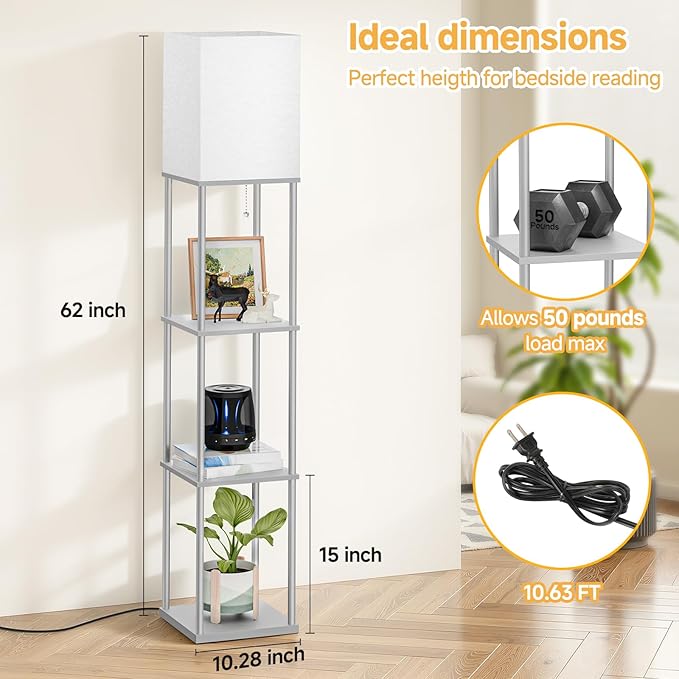 SHINE HAI Floor Lamps with Shelves for Living Room, 3-Tier Square Modern Standing Lamp with 3CCT Bulb, 11W 950LM Brightness, Tall Shelf Lamp for Bedroom, Office, Bookshelf & Display Organizer