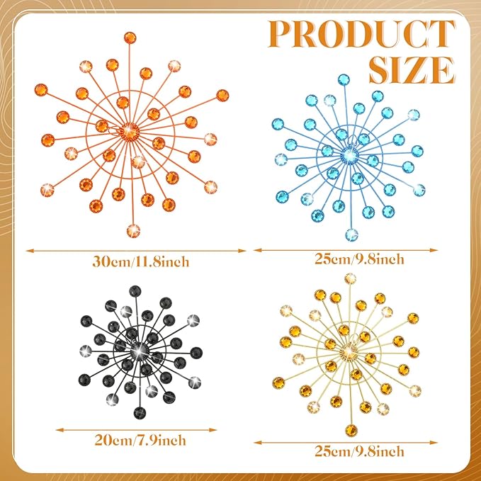 Blulu 4 Pcs Metal Wall Decor Bling Crystal Wall Art Cast Iron Rhinestones Sunburst Decor Starburst Art Hanging Diamond Accents Home Decorative for Living Room Bedroom Entryway (Mid Century)