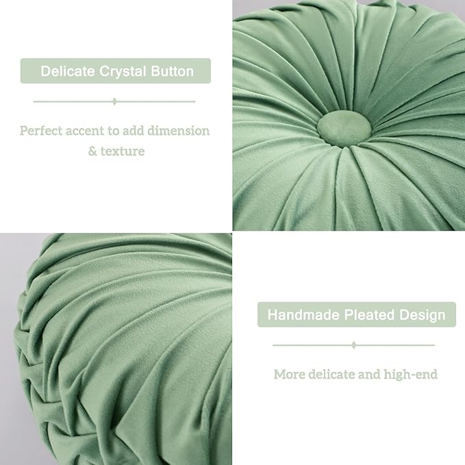 HIG Set of 2 Decorative Round Pleated Throw Pillows, Classy Accent Pumpkin Throw Pillows with Center Button, Vintage Velvet Floor Pillows for Sofa Vanity Chair Bed, Sage, 14.5" Diameter(Ripple)