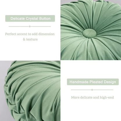 HIG Set of 2 Decorative Round Pleated Throw Pillows, Classy Accent Pumpkin Throw Pillows with Center Button, Vintage Velvet Floor Pillows for Sofa Vanity Chair Bed, Sage, 14.5" Diameter(Ripple)