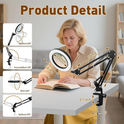 KIRKAS 10X LED Magnifying Lamp with Clamp, Real Glass Lens, 3 Color Modes and Stepless Dimmable Magnifier Desk Lamp,Adjustable Swivel Arm Lighted Magnifying Glass for Repair Craft Close Work-Black