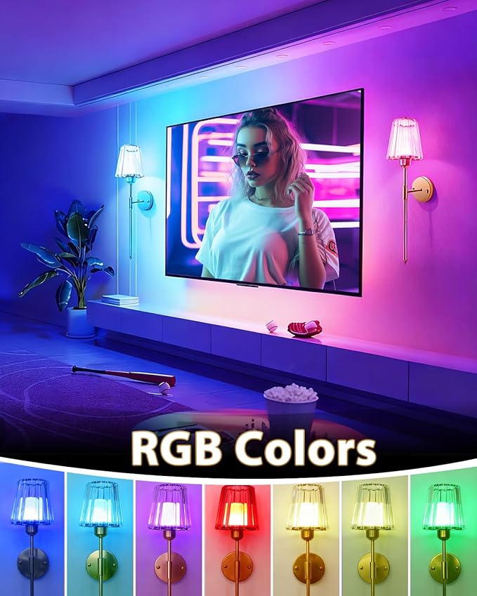 Adetu Crystal Battery Operated Wall Sconce Set of 2, Gold Rechargeable Wall Sconce with 10000mAh Magnetic Bulbs and Remote Control, RGB Dimmable Wireless Battery Wall Lights for Bedroom Living Room