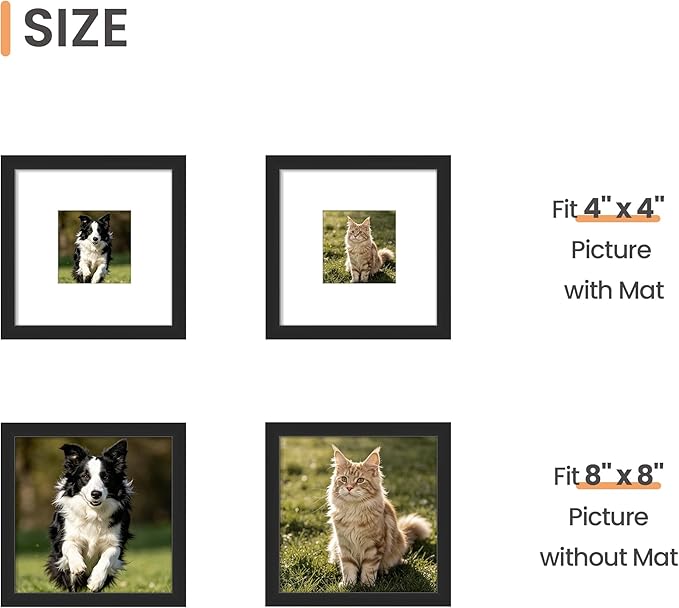 upsimples 8x8 Picture Frame Set of 5, Display Pictures 4x4 with Mat or 8x8 Without, Wall Gallery Poster Frames, Black