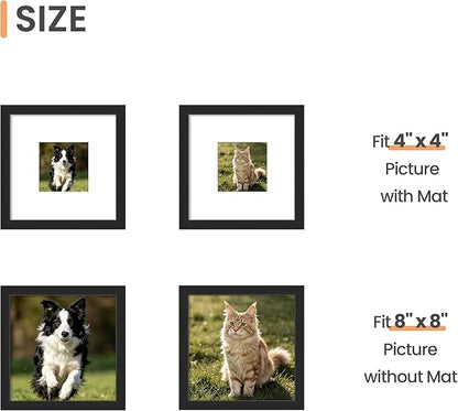 upsimples 8x8 Picture Frame Set of 5, Display Pictures 4x4 with Mat or 8x8 Without, Wall Gallery Poster Frames, Black