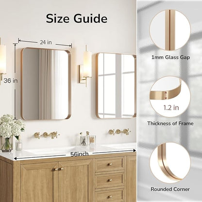 USHOWER Gold Bathroom Mirrors 24"x36" 2 Pack, Brushed Gold Rectangle Mirrors for Over Sink, Aluminum Frame, Anti-Rust, Tempered Glass, Horizontal or Vertical Mounted, Champagne Gold (Neutral Gold)