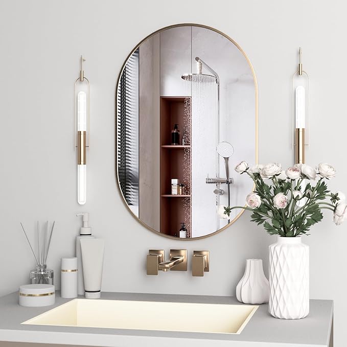 Oval Bathroom Mirror Capsule Wall Vanity Mirror, 20"x30" Pill Mirrors Wall Mounted Mirror, Large Modern Mirror with Gold Metal Frame, Decor for Entryway, Bedroom, Living Room