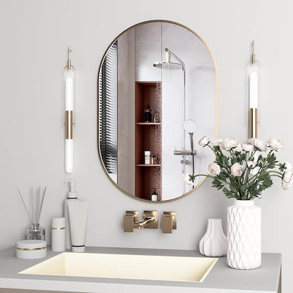 Oval Bathroom Mirror Capsule Wall Vanity Mirror, 20"x30" Pill Mirrors Wall Mounted Mirror, Large Modern Mirror with Gold Metal Frame, Decor for Entryway, Bedroom, Living Room