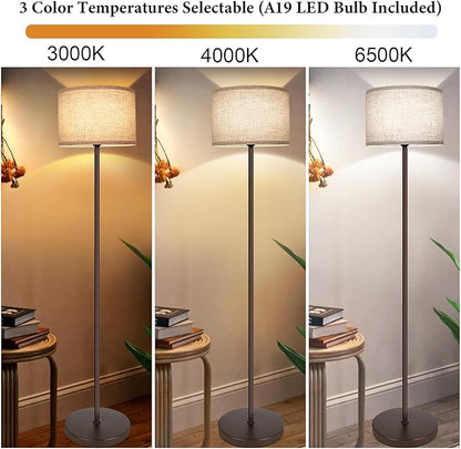 65‘’ Simple Design Floor Lamp with 3CCT 9W LED Bulb, Modern Industrial Standing Lamp for Living Room with Foot Switch, Tall Lamp with Drum Shade, Stand Up Floor Light for Study Bedroom Office, Brown