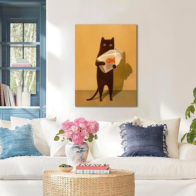 Funny Black Cat Wall Art, Abstract Black Cat and Fish Canvas Poster Print Picture, Cute Animal Wall Decor, Perfect for Cat Lovers for Bathroom Living Room Bedroom Kids Room 12x16in Framed