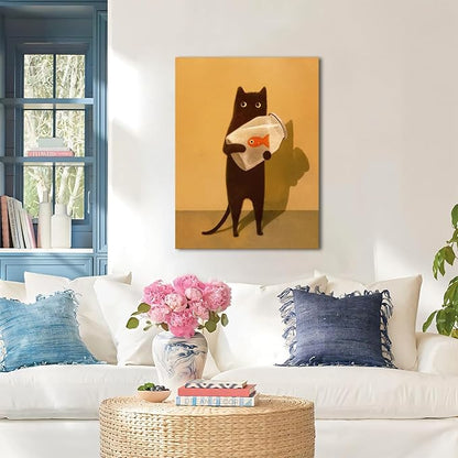 Funny Black Cat Wall Art, Abstract Black Cat and Fish Canvas Poster Print Picture, Cute Animal Wall Decor, Perfect for Cat Lovers for Bathroom Living Room Bedroom Kids Room 12x16in Framed